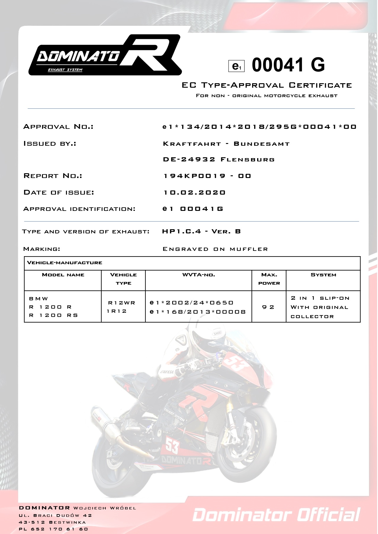 R1200R Homologated Exhaust Silencer HP1 2015 - 2018 DOMINATOR